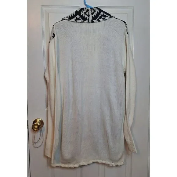 Sabrina Lauren White Black Aztec Print Knit Open Front Cardigan Boho Hippie Sz L - Picture 2 of 9